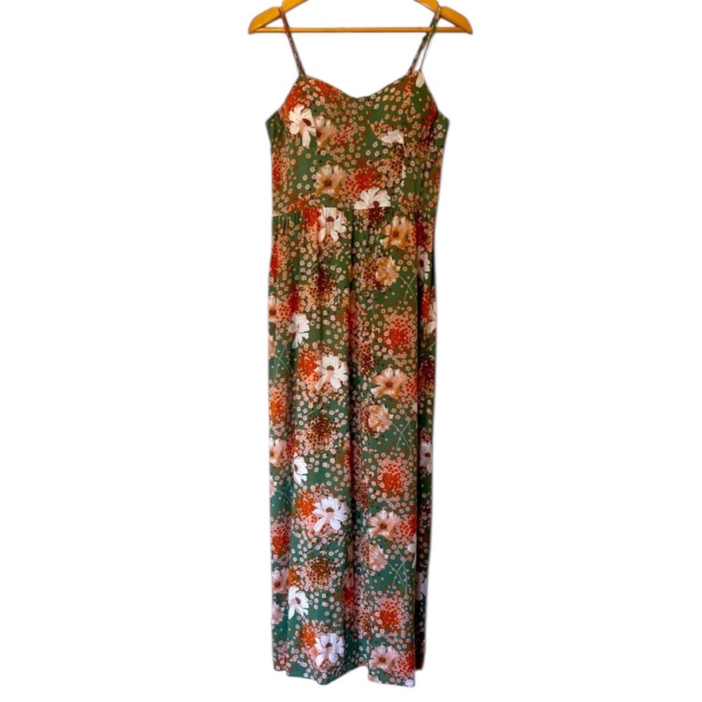 Lilly Rose Green & Rust Floral Maxi Dress –‎ Size Large – Smocked Back